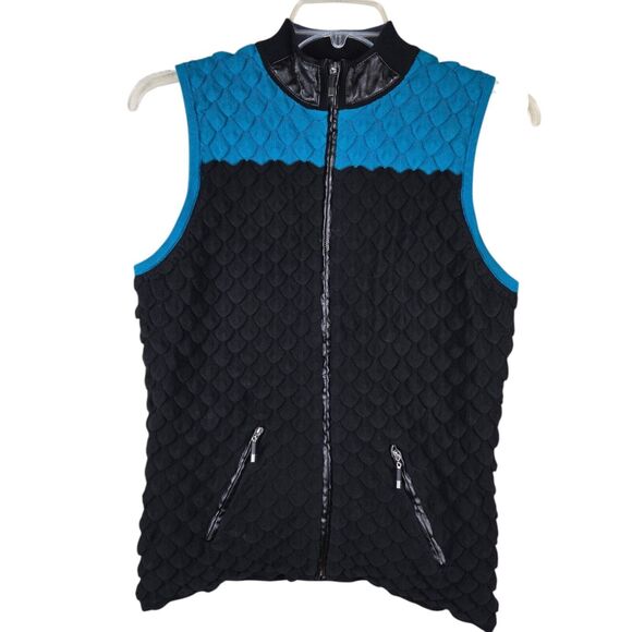 Jamie Sadock Knit Scale Scallop Top M Sleeveless Black Blue Full Zip Colorbock - Picture 1 of 7